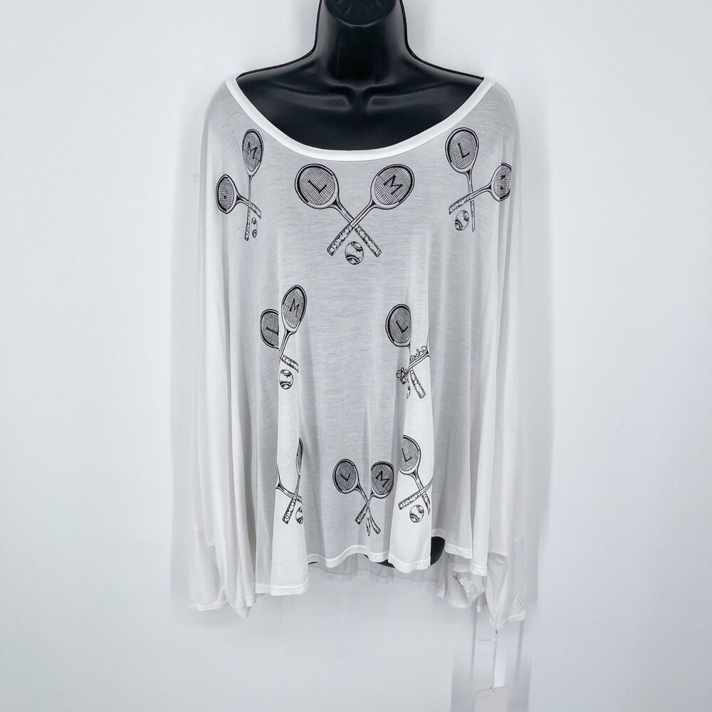 Lauren Moshi NEW Angel Oversized T-Shirt w/ Mini Tennis Rackets Size M/L White